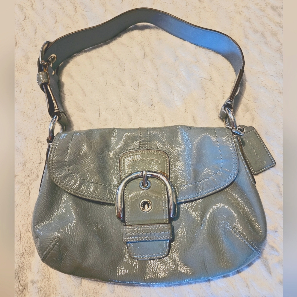 Baby blue patent leather Coach shoulder hand bag with matching Coach wallet